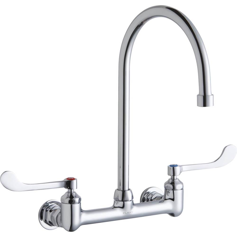 Elkay Scrub/Handwash 8'' Centerset Wall Mount Faucet w/8'' Gooseneck Spout 6'' Wristblade Handles 1/2in Offset Inlet