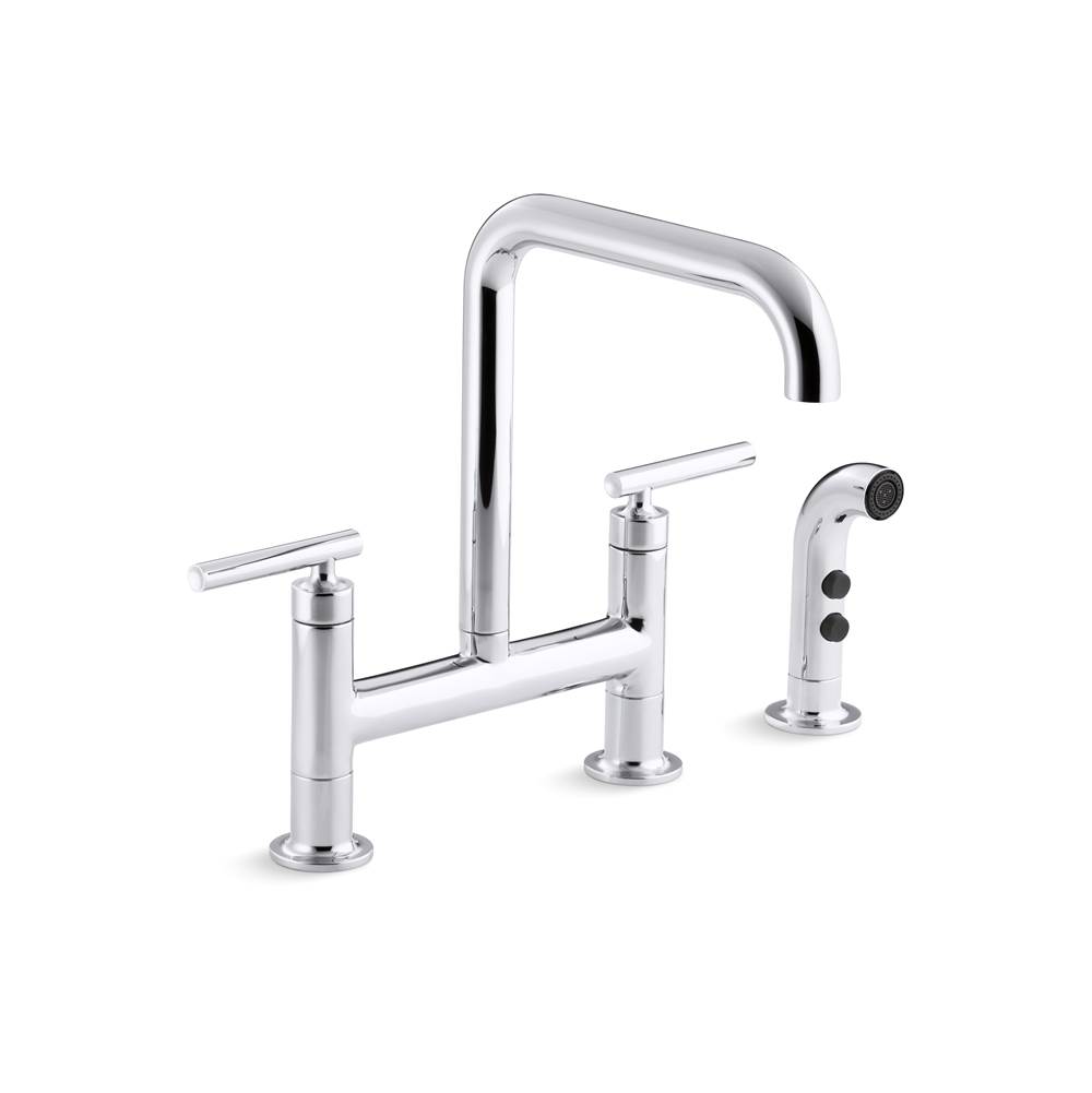 Kohler Purist® two-hole deck-mount bridge kitchen sink faucet with 8-3/8'' spout and matching finish sidespray