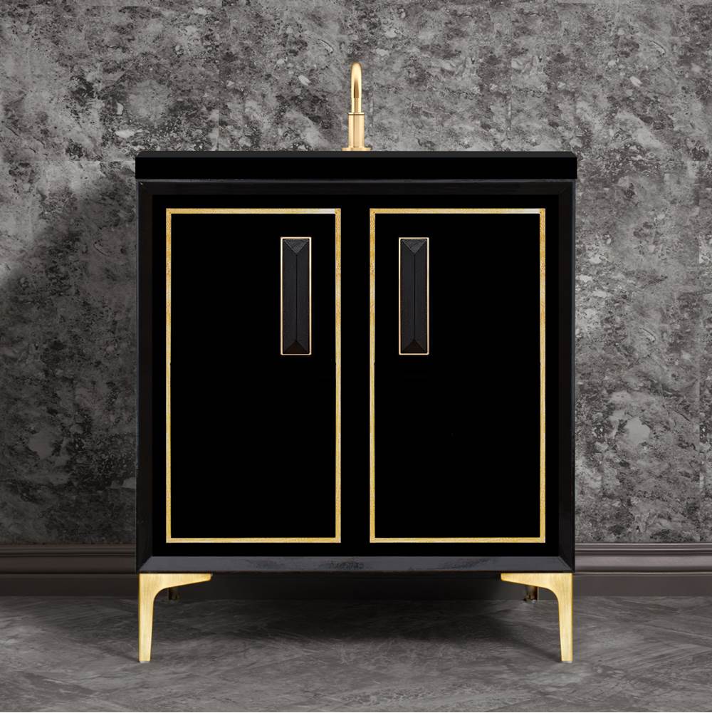 Linkasink LINEA with 8'' Artisan Glass Prism Hardware 30'' Wide Vanity, Black, Satin Brass Hardware, 30'' x 22'' x 33.5'' (without vanity top)