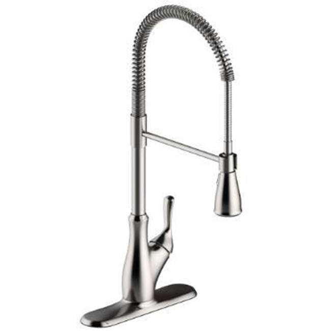 Matco Norca Single Handle Ss Industrial Spring Neck Faucet, Ceramic Cartridge, Integrated Supply Lines, 1 Or 3 Hole, Deck Plate Included