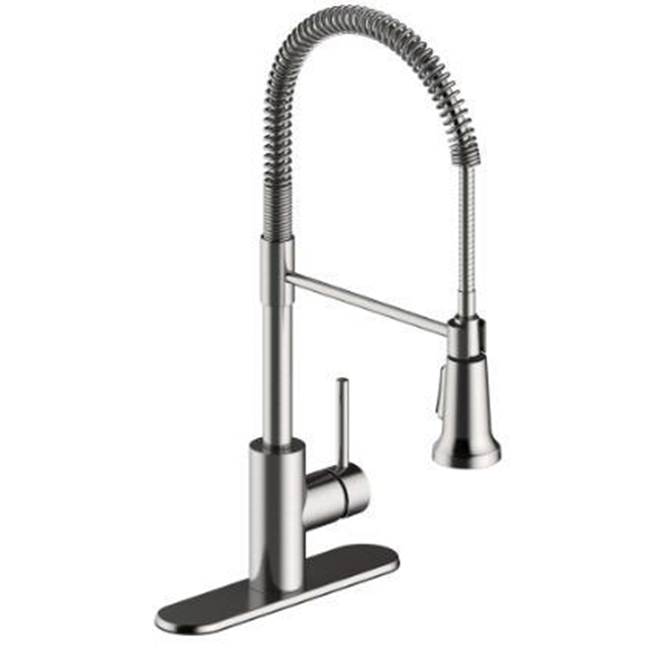 Matco Norca Single Handle Stainless Steel Industrial Spring Neck Faucet, Ceramic Cartridge, Integrated Supply Lines, 1 Or 3 Hole, Deck Plate Included