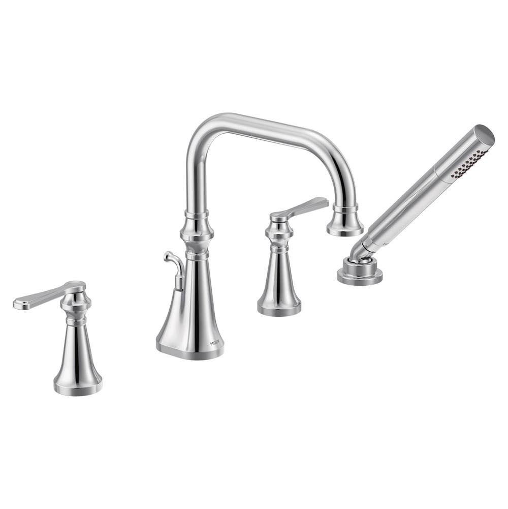 Moen Colinet Two Handle Deck-Mount Roman Tub Faucet Trim with Lever Handles and Handshower, Valve Required, in Chrome
