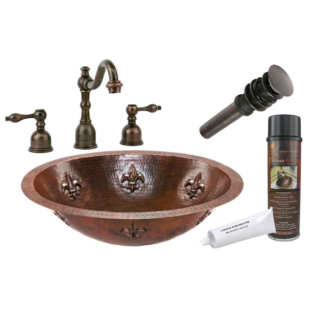 Premier Copper Products Oval Fleur De Lis Under Counter Hammered Copper Sink with ORB Widespread Faucet, Matching Drain and Accessories
