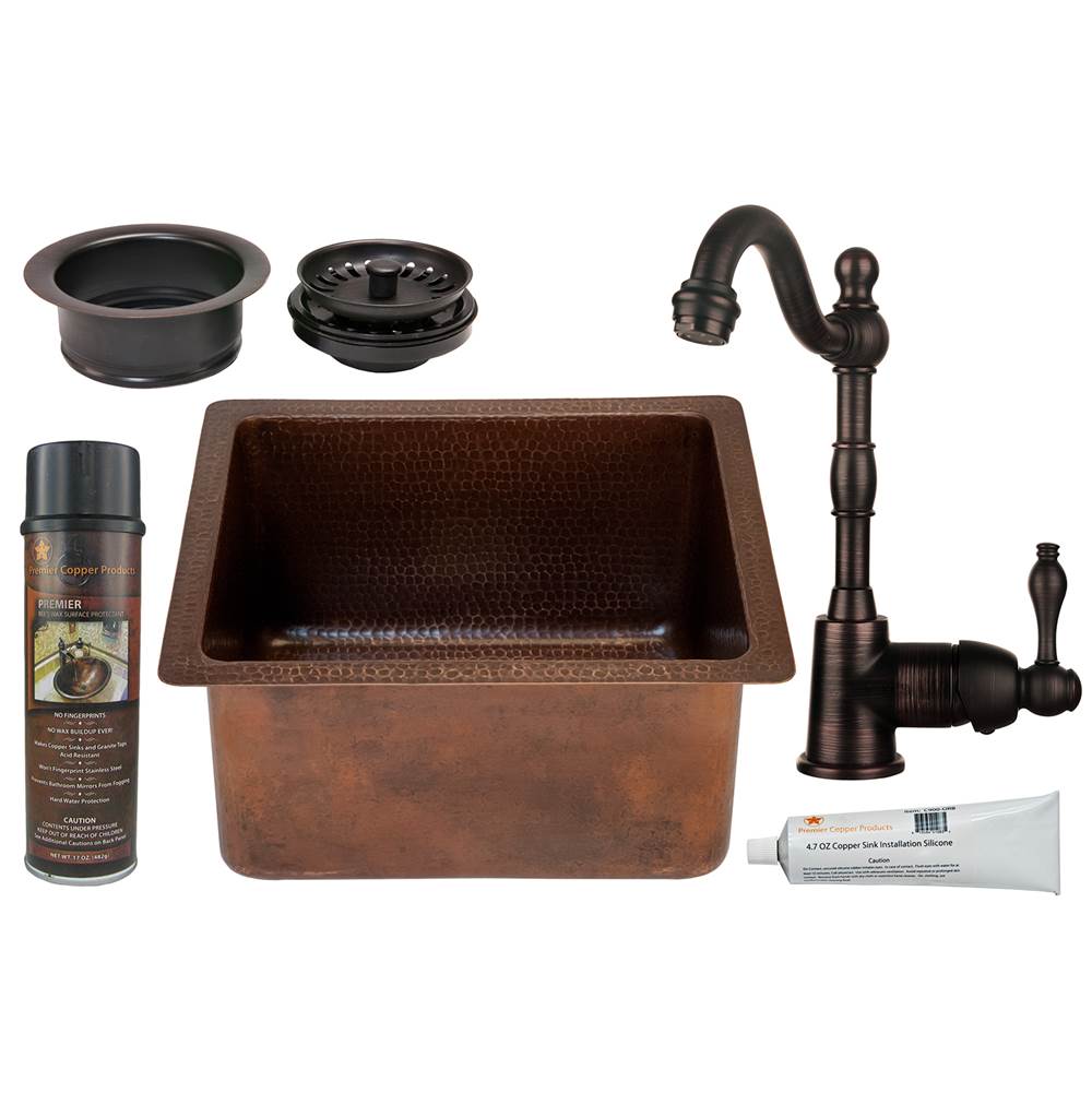 Premier Copper Products 16'' Gourmet Rectangular Hammered Copper Bar/Prep Sink, ORB Single Handle Bar Faucet, 3.5'' Garbage Disposal Drain and Accessories