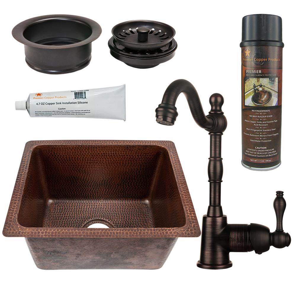 Premier Copper Products 17'' Rectangle Hammered Copper Bar/Prep/Laundry/Utility Sink, ORB Single Handle Bar Faucet, 3.5'' Strainer Drain and Accessories